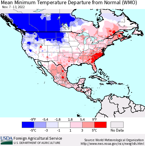 North America Mean Minimum Temperature Departure from Normal (WMO) Thematic Map For 11/7/2022 - 11/13/2022