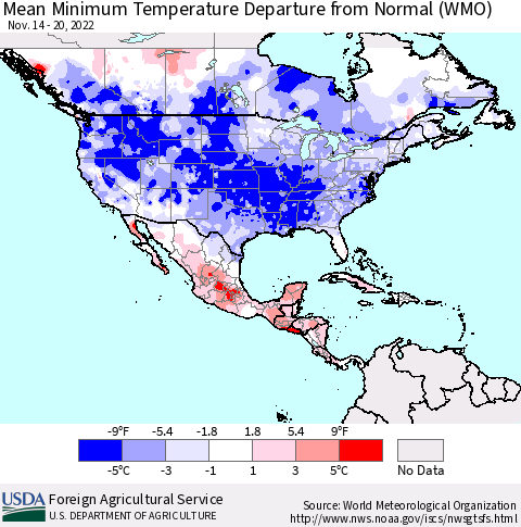 North America Mean Minimum Temperature Departure from Normal (WMO) Thematic Map For 11/14/2022 - 11/20/2022