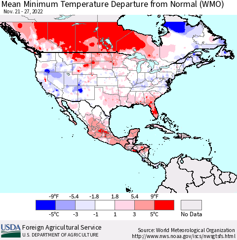 North America Mean Minimum Temperature Departure from Normal (WMO) Thematic Map For 11/21/2022 - 11/27/2022