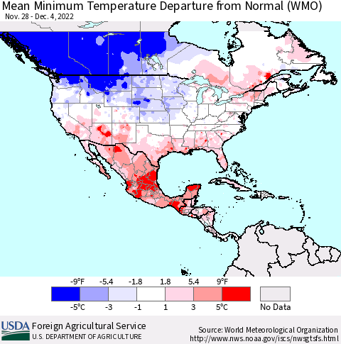North America Mean Minimum Temperature Departure from Normal (WMO) Thematic Map For 11/28/2022 - 12/4/2022