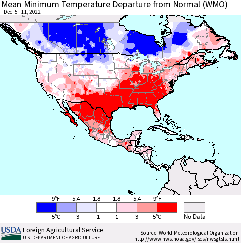North America Mean Minimum Temperature Departure from Normal (WMO) Thematic Map For 12/5/2022 - 12/11/2022