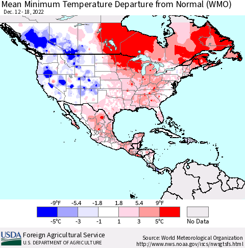 North America Mean Minimum Temperature Departure from Normal (WMO) Thematic Map For 12/12/2022 - 12/18/2022