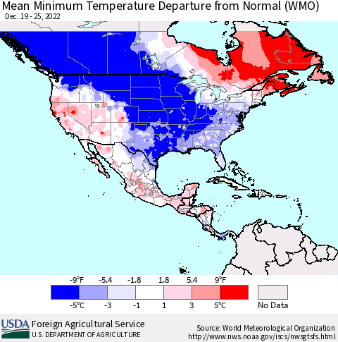 North America Mean Minimum Temperature Departure from Normal (WMO) Thematic Map For 12/19/2022 - 12/25/2022