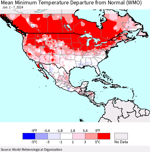 North America Mean Minimum Temperature Departure from Normal (WMO) Thematic Map For 1/1/2024 - 1/7/2024