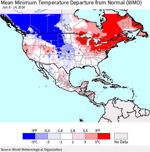 North America Mean Minimum Temperature Departure from Normal (WMO) Thematic Map For 1/8/2024 - 1/14/2024