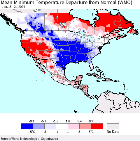 North America Mean Minimum Temperature Departure from Normal (WMO) Thematic Map For 1/15/2024 - 1/21/2024