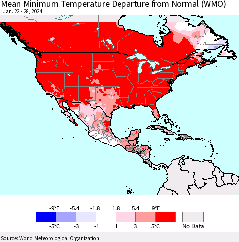North America Mean Minimum Temperature Departure from Normal (WMO) Thematic Map For 1/22/2024 - 1/28/2024