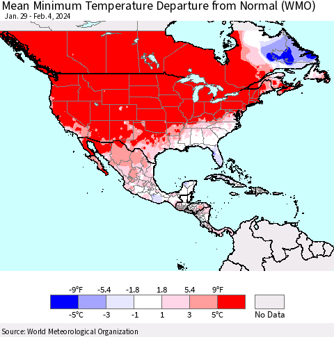 North America Mean Minimum Temperature Departure from Normal (WMO) Thematic Map For 1/29/2024 - 2/4/2024