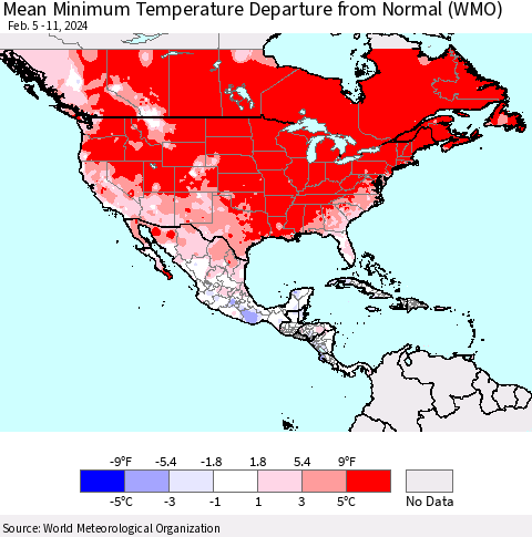 North America Mean Minimum Temperature Departure from Normal (WMO) Thematic Map For 2/5/2024 - 2/11/2024