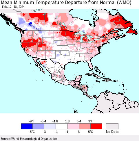 North America Mean Minimum Temperature Departure from Normal (WMO) Thematic Map For 2/12/2024 - 2/18/2024