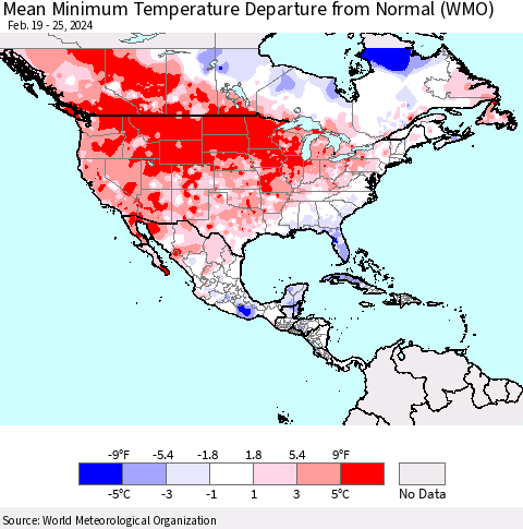 North America Mean Minimum Temperature Departure from Normal (WMO) Thematic Map For 2/19/2024 - 2/25/2024