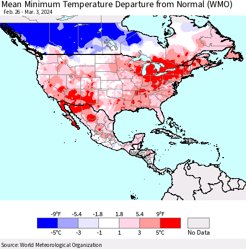 North America Mean Minimum Temperature Departure from Normal (WMO) Thematic Map For 2/26/2024 - 3/3/2024