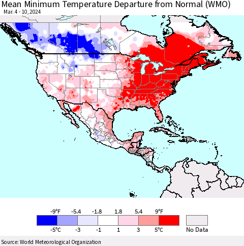 North America Mean Minimum Temperature Departure from Normal (WMO) Thematic Map For 3/4/2024 - 3/10/2024