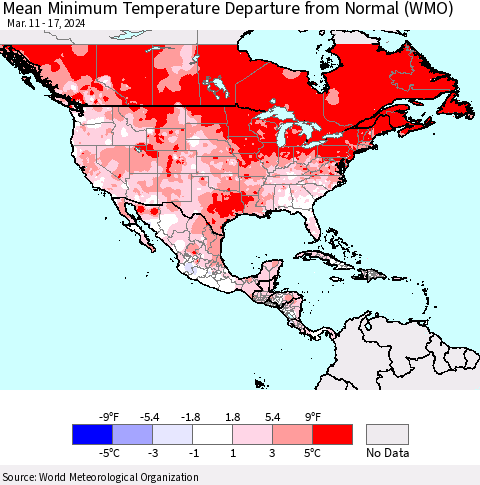 North America Mean Minimum Temperature Departure from Normal (WMO) Thematic Map For 3/11/2024 - 3/17/2024