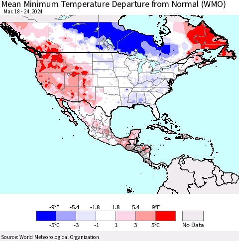 North America Mean Minimum Temperature Departure from Normal (WMO) Thematic Map For 3/18/2024 - 3/24/2024