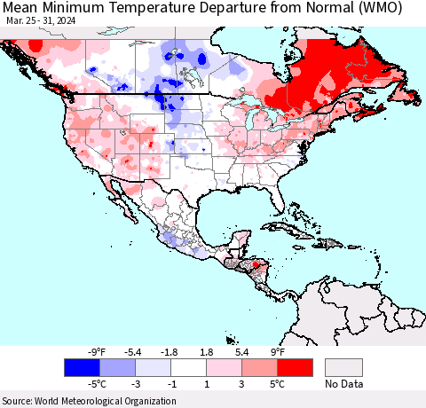 North America Mean Minimum Temperature Departure from Normal (WMO) Thematic Map For 3/25/2024 - 3/31/2024