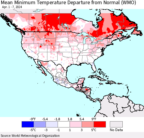 North America Mean Minimum Temperature Departure from Normal (WMO) Thematic Map For 4/1/2024 - 4/7/2024