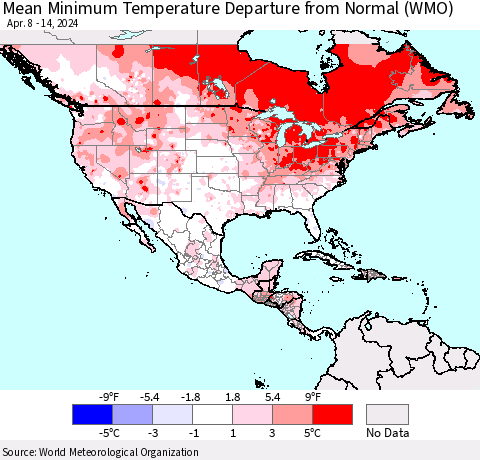 North America Mean Minimum Temperature Departure from Normal (WMO) Thematic Map For 4/8/2024 - 4/14/2024