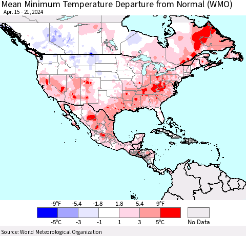 North America Mean Minimum Temperature Departure from Normal (WMO) Thematic Map For 4/15/2024 - 4/21/2024
