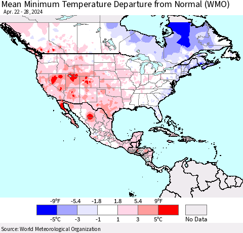 North America Mean Minimum Temperature Departure from Normal (WMO) Thematic Map For 4/22/2024 - 4/28/2024