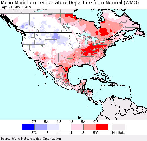 North America Mean Minimum Temperature Departure from Normal (WMO) Thematic Map For 4/29/2024 - 5/5/2024