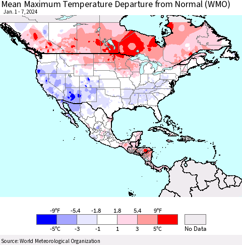 North America Mean Maximum Temperature Departure from Normal (WMO) Thematic Map For 1/1/2024 - 1/7/2024