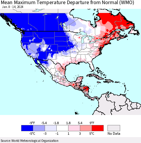 North America Mean Maximum Temperature Departure from Normal (WMO) Thematic Map For 1/8/2024 - 1/14/2024