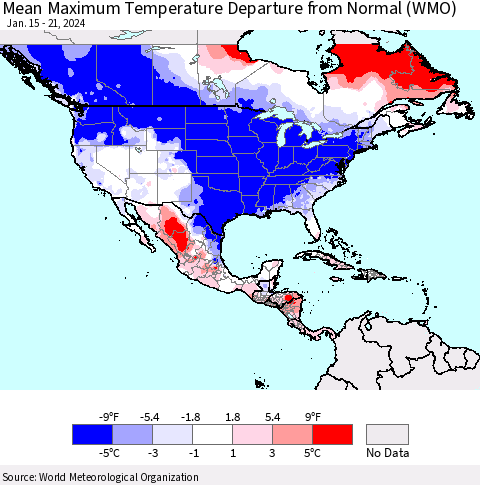 North America Mean Maximum Temperature Departure from Normal (WMO) Thematic Map For 1/15/2024 - 1/21/2024