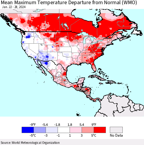 North America Mean Maximum Temperature Departure from Normal (WMO) Thematic Map For 1/22/2024 - 1/28/2024