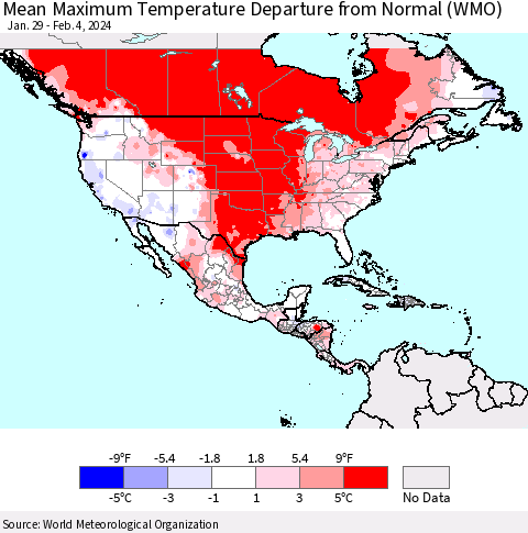 North America Mean Maximum Temperature Departure from Normal (WMO) Thematic Map For 1/29/2024 - 2/4/2024