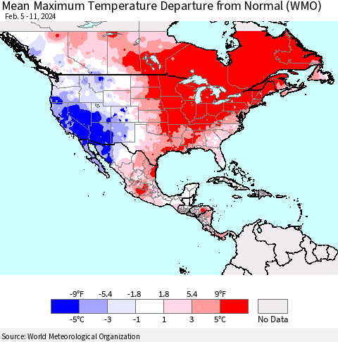 North America Mean Maximum Temperature Departure from Normal (WMO) Thematic Map For 2/5/2024 - 2/11/2024