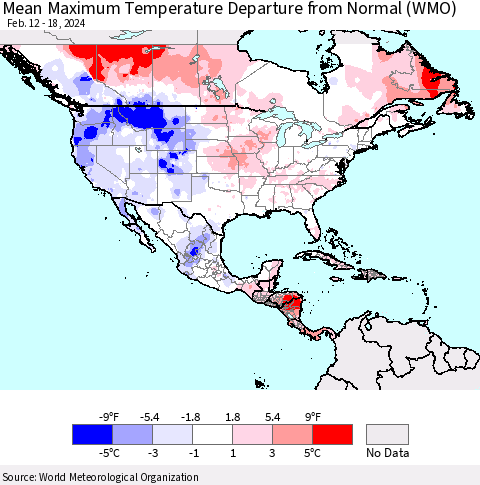 North America Mean Maximum Temperature Departure from Normal (WMO) Thematic Map For 2/12/2024 - 2/18/2024