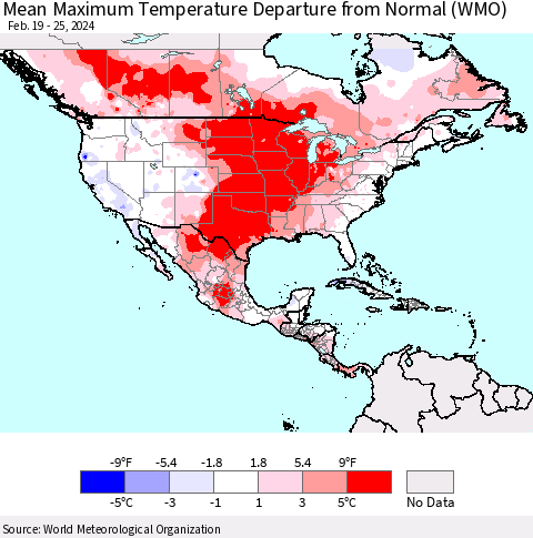 North America Mean Maximum Temperature Departure from Normal (WMO) Thematic Map For 2/19/2024 - 2/25/2024