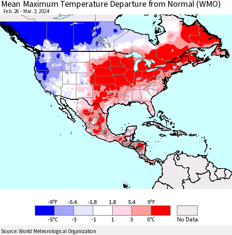 North America Mean Maximum Temperature Departure from Normal (WMO) Thematic Map For 2/26/2024 - 3/3/2024