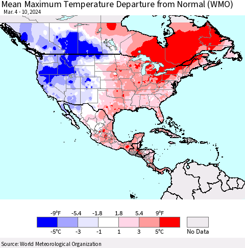 North America Mean Maximum Temperature Departure from Normal (WMO) Thematic Map For 3/4/2024 - 3/10/2024