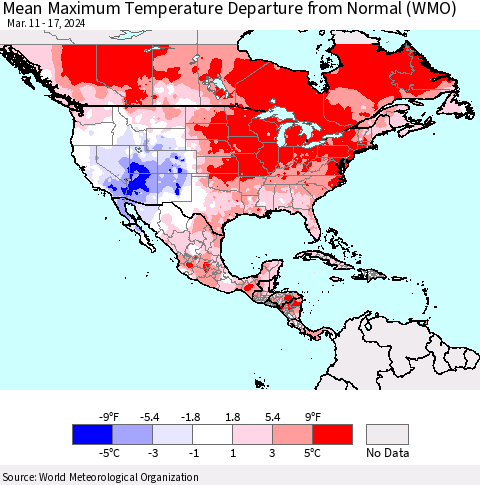 North America Mean Maximum Temperature Departure from Normal (WMO) Thematic Map For 3/11/2024 - 3/17/2024
