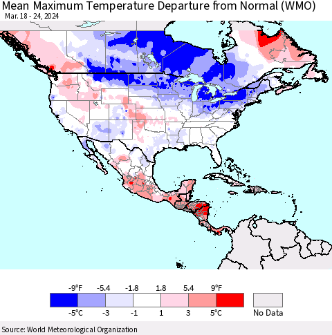 North America Mean Maximum Temperature Departure from Normal (WMO) Thematic Map For 3/18/2024 - 3/24/2024