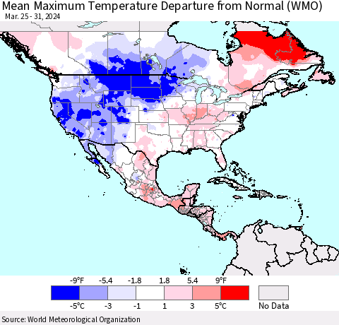 North America Mean Maximum Temperature Departure from Normal (WMO) Thematic Map For 3/25/2024 - 3/31/2024