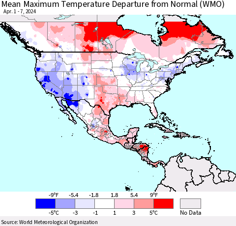 North America Mean Maximum Temperature Departure from Normal (WMO) Thematic Map For 4/1/2024 - 4/7/2024