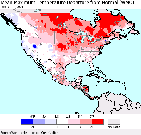 North America Mean Maximum Temperature Departure from Normal (WMO) Thematic Map For 4/8/2024 - 4/14/2024