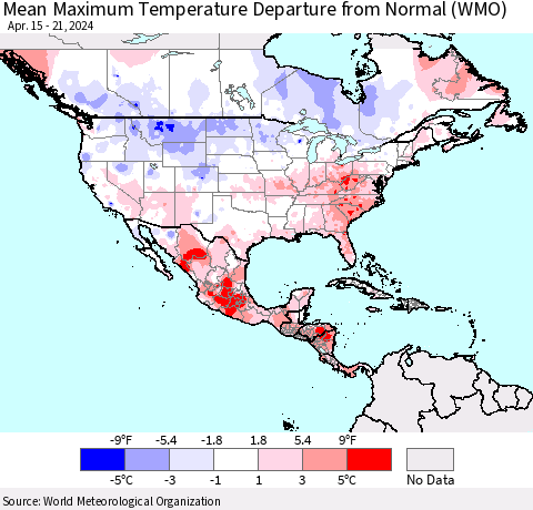 North America Mean Maximum Temperature Departure from Normal (WMO) Thematic Map For 4/15/2024 - 4/21/2024