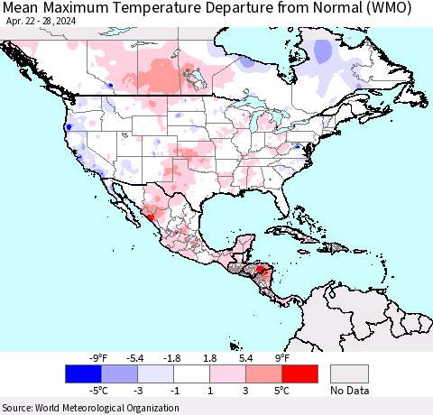 North America Mean Maximum Temperature Departure from Normal (WMO) Thematic Map For 4/22/2024 - 4/28/2024