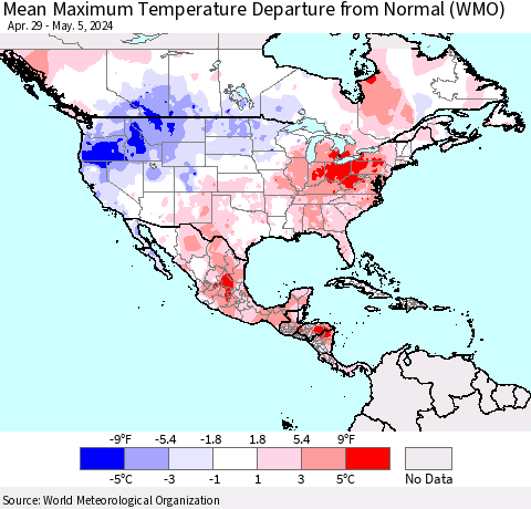 North America Mean Maximum Temperature Departure from Normal (WMO) Thematic Map For 4/29/2024 - 5/5/2024