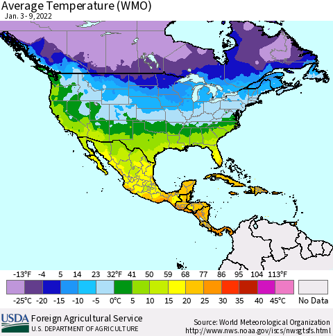 North America Average Temperature (WMO) Thematic Map For 1/3/2022 - 1/9/2022