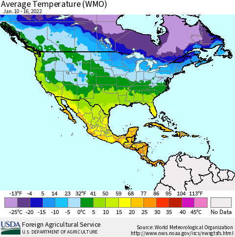 North America Average Temperature (WMO) Thematic Map For 1/10/2022 - 1/16/2022