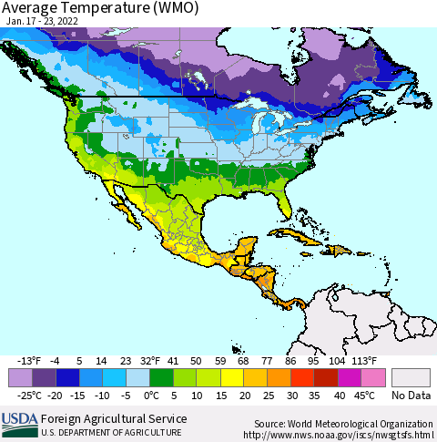 North America Average Temperature (WMO) Thematic Map For 1/17/2022 - 1/23/2022