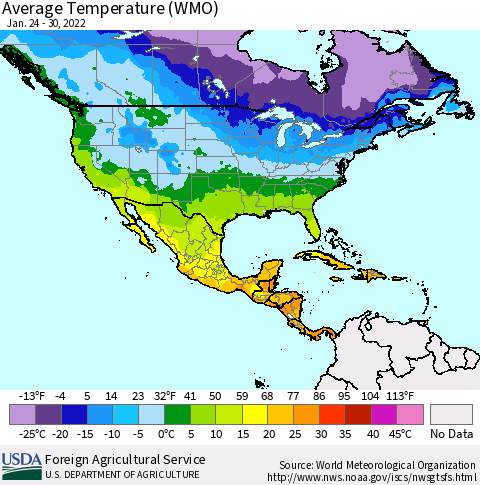 North America Average Temperature (WMO) Thematic Map For 1/24/2022 - 1/30/2022
