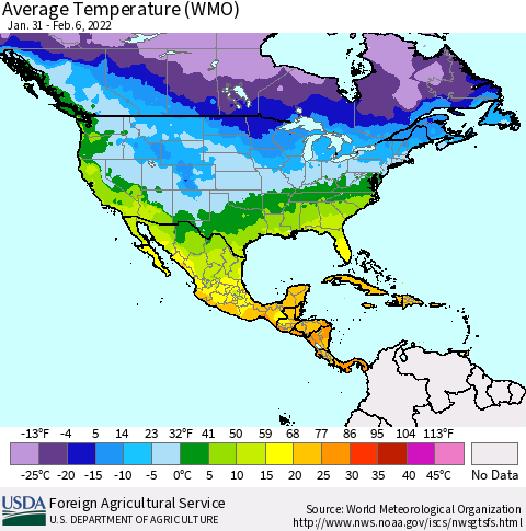 North America Average Temperature (WMO) Thematic Map For 1/31/2022 - 2/6/2022