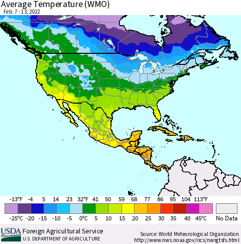 North America Average Temperature (WMO) Thematic Map For 2/7/2022 - 2/13/2022