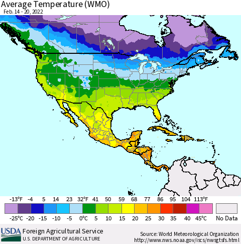 North America Average Temperature (WMO) Thematic Map For 2/14/2022 - 2/20/2022